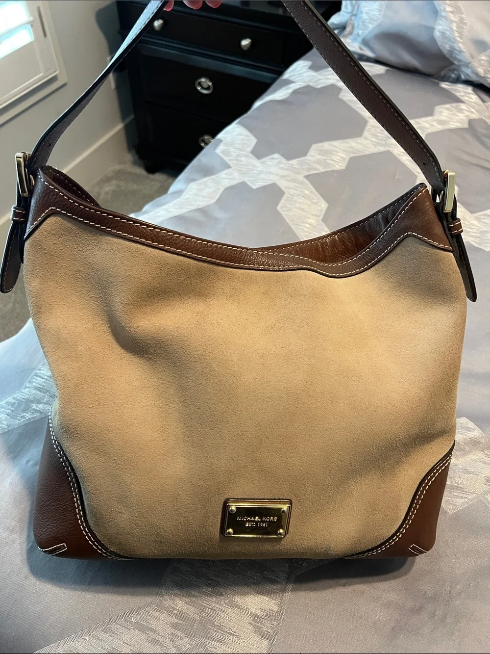 Michael Kors Tan Suede and Brown Leather Hobo Shoulder Bag